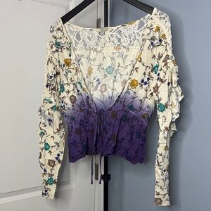 gimmicks by BKE Cream to Purple Ombre Floral Lace Tie-Front Top